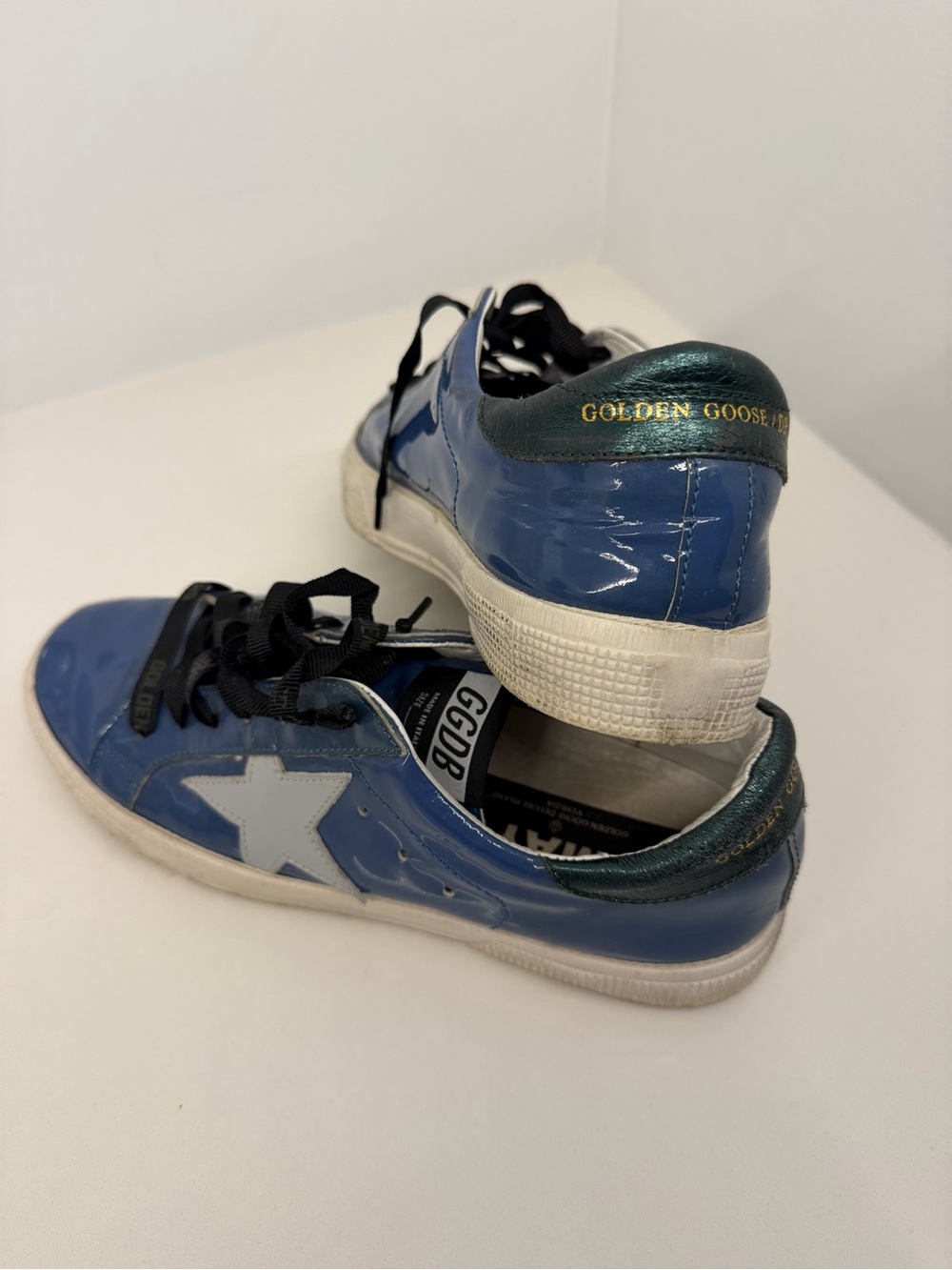 Golden Goose MAY- Blue Patent Superstar Sneakers with White Star, Green Heel Tab